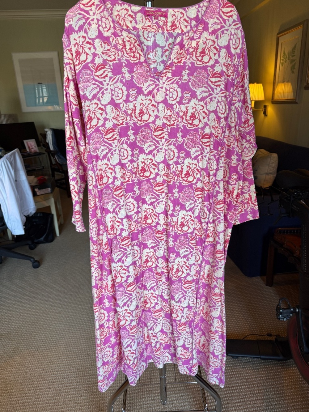 Lisa Corti Bright Bougainvillea Pink Floral Print Maxi Dress Size M
